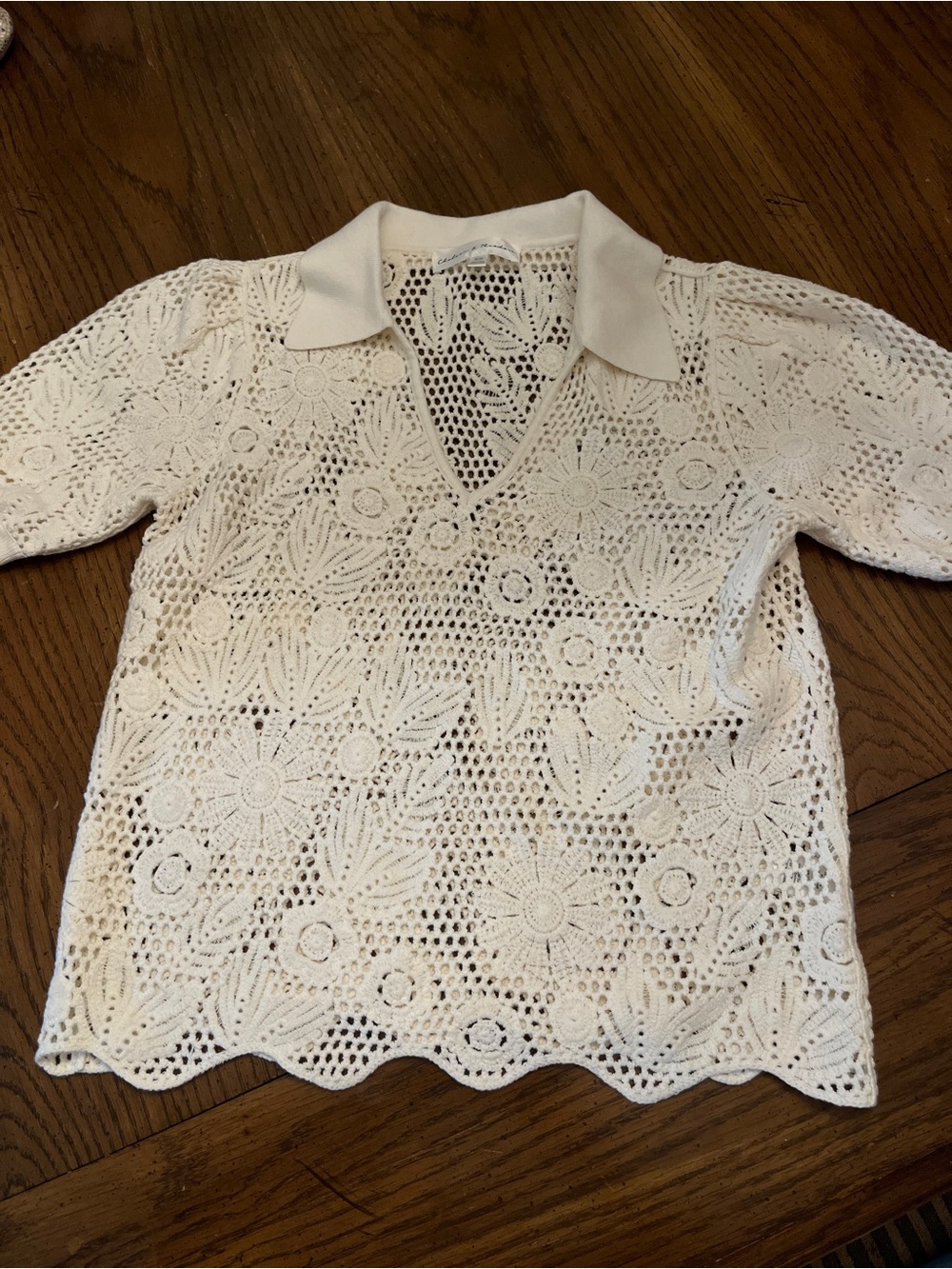 Chelsea & Theodore Floral Open Stitch Puff Sleeve Top, size small, new